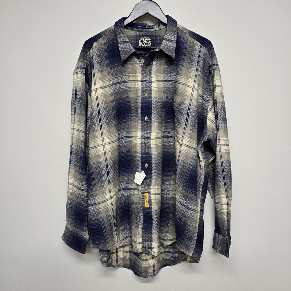 B.D. Baggies Plaid Flannel Shirt Mens XL Blue Grey Cotton Button Down Grunge